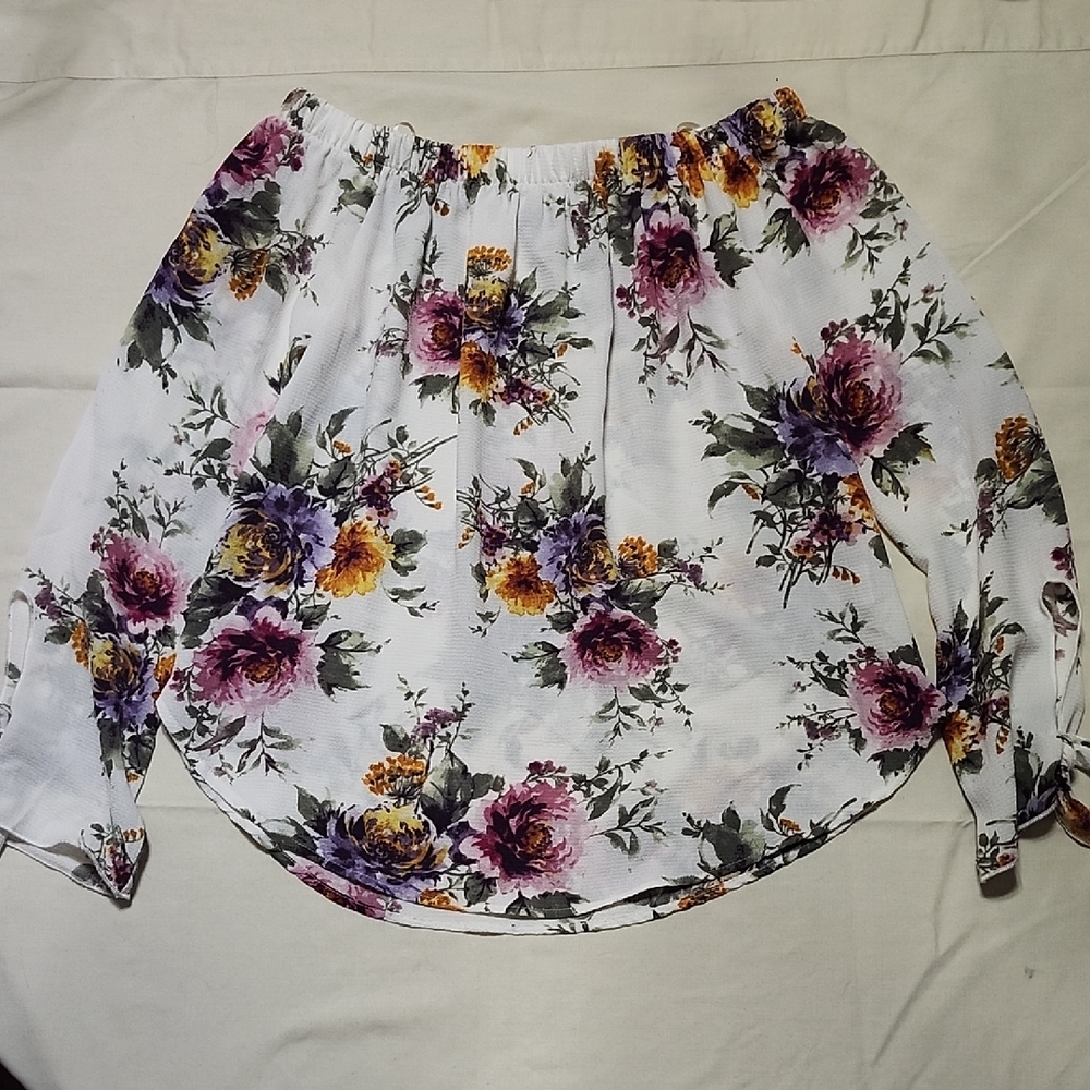 One Clothing Floral Blouse - White with Purple and Yellow